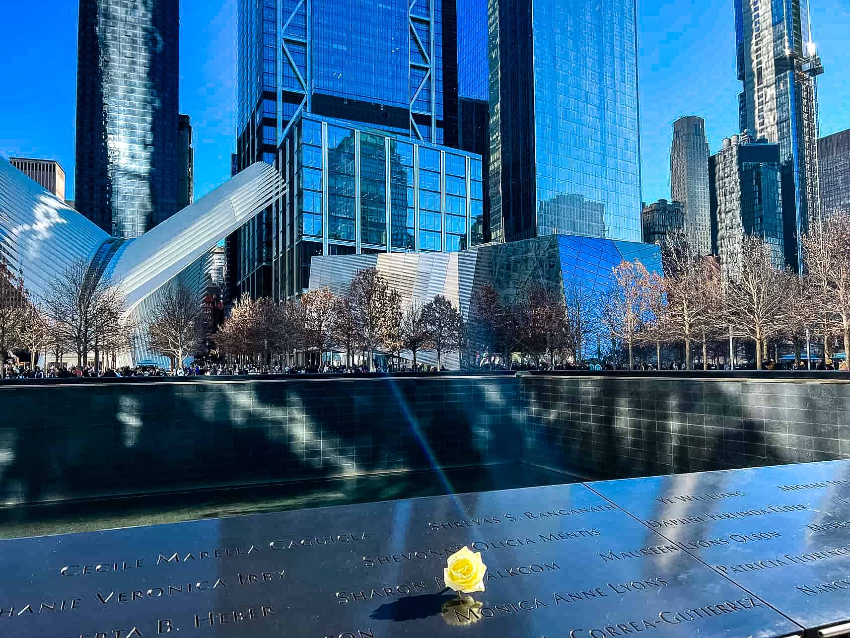 A white flower for the victims on their birthday - 9/11 Memorial in New York City, USA.