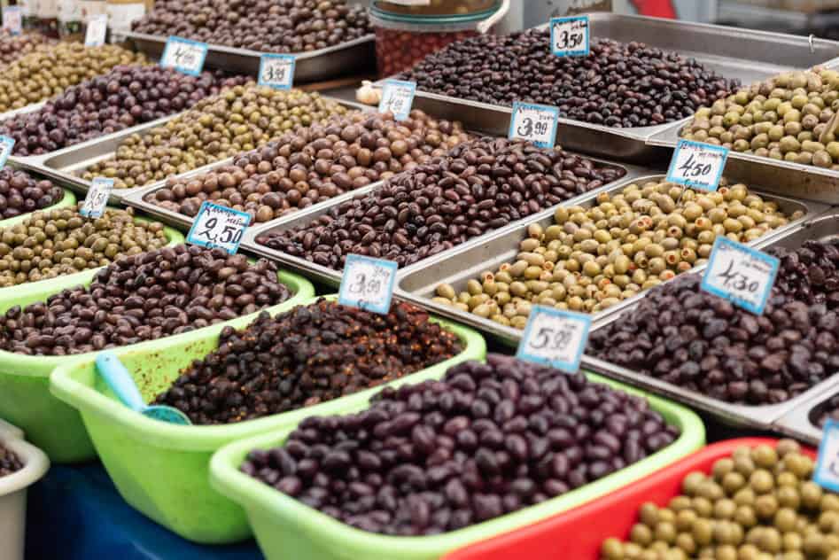 Olives at a food market in Athens, Greece