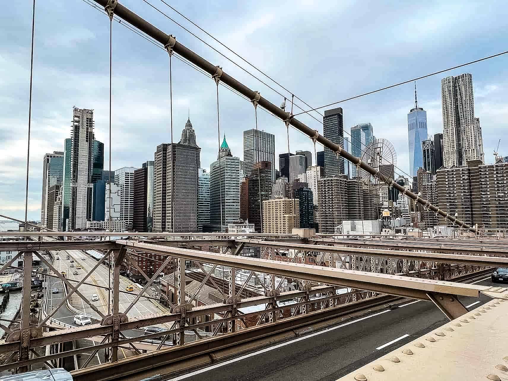 Skyline view from the bridge - Brooklyn Bridge in New York City, USA.
