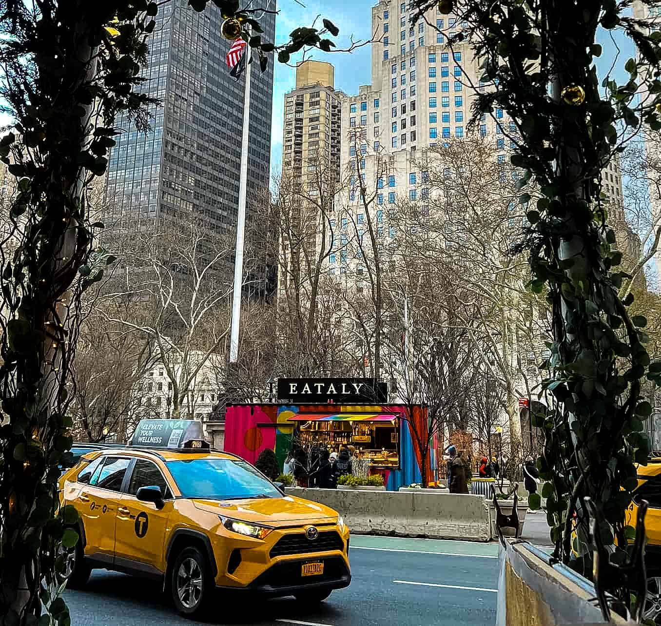 Stand in front of the Eataly market hall with various bars and restaurants in New York City, USA.