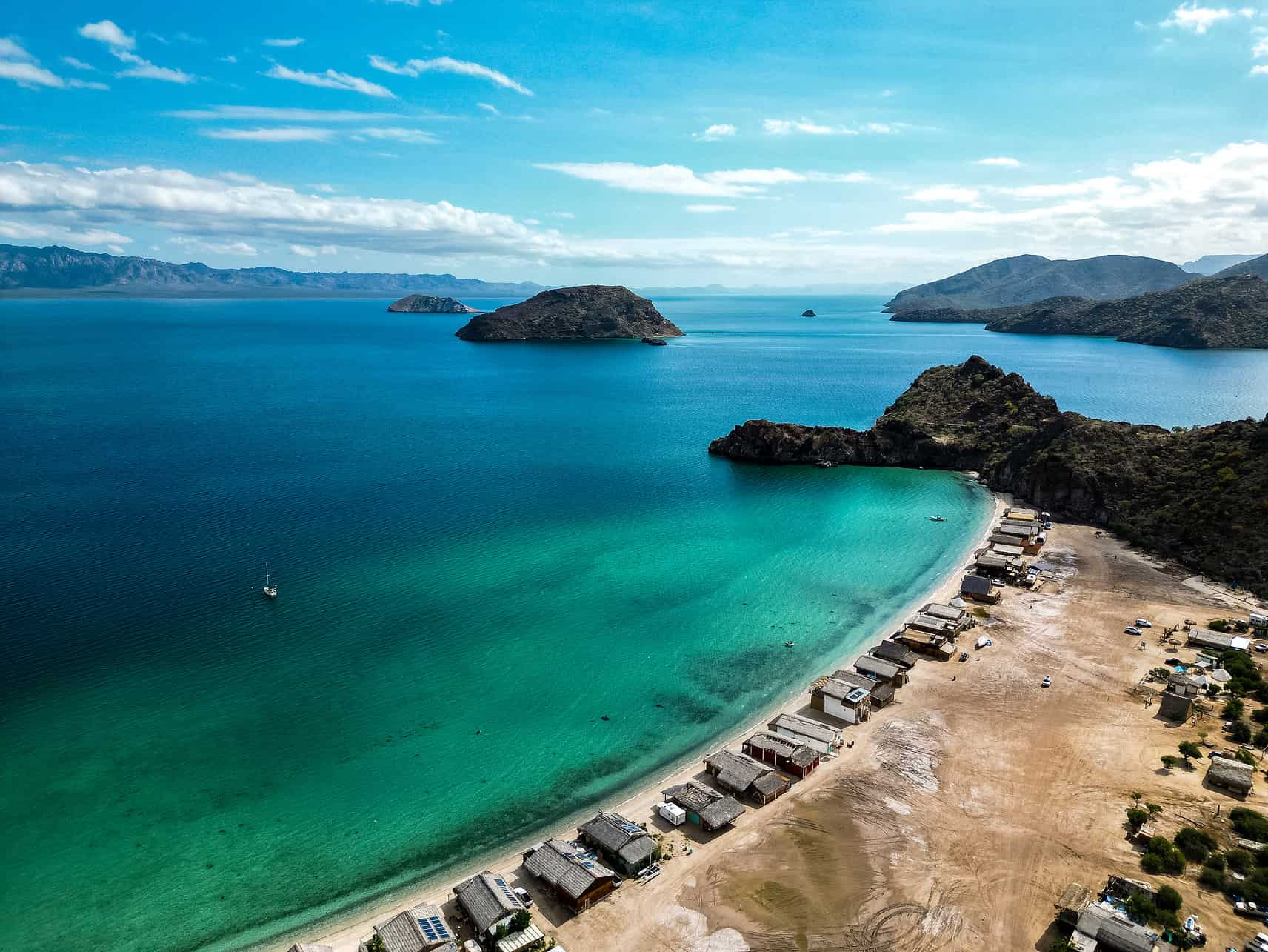 Aerial view of the Playa La Burra in Concepcion Bay in Baja California Sur, Mexico.