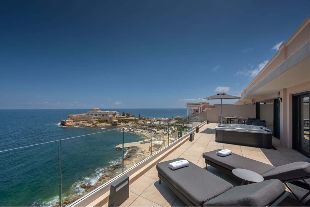 Mlawi penthouse terrace at the Westin Dragonara Resort in Malta.